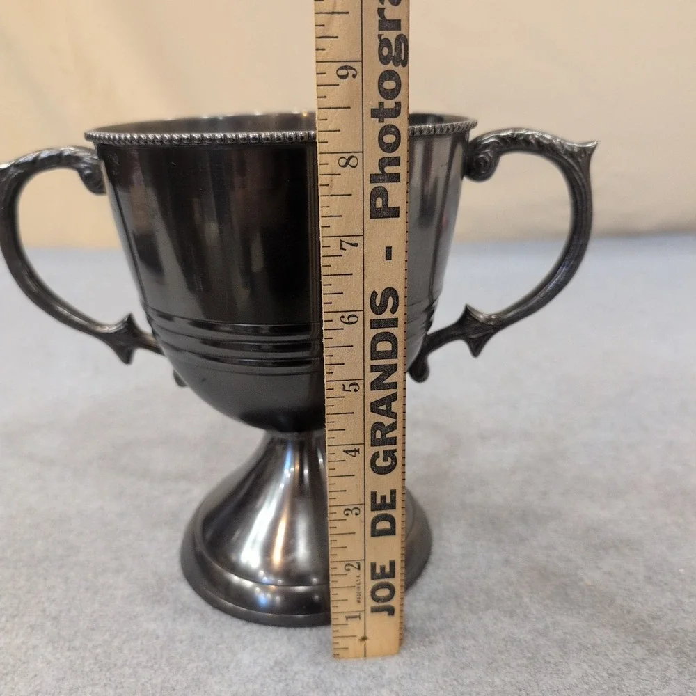 Vintage Silver Tone Loving Cup Trophy Ornate Handles Beaded Rim Pedestal Base - Picture 3 of 9